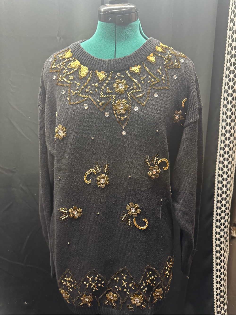 Black Crewneck Sweater with Gold Beaded Floral Embellishment